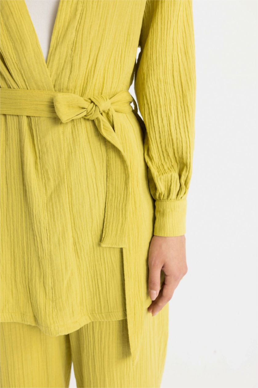 Kadın Yeşil Relax Fıt V Yaka Müslin Kimono