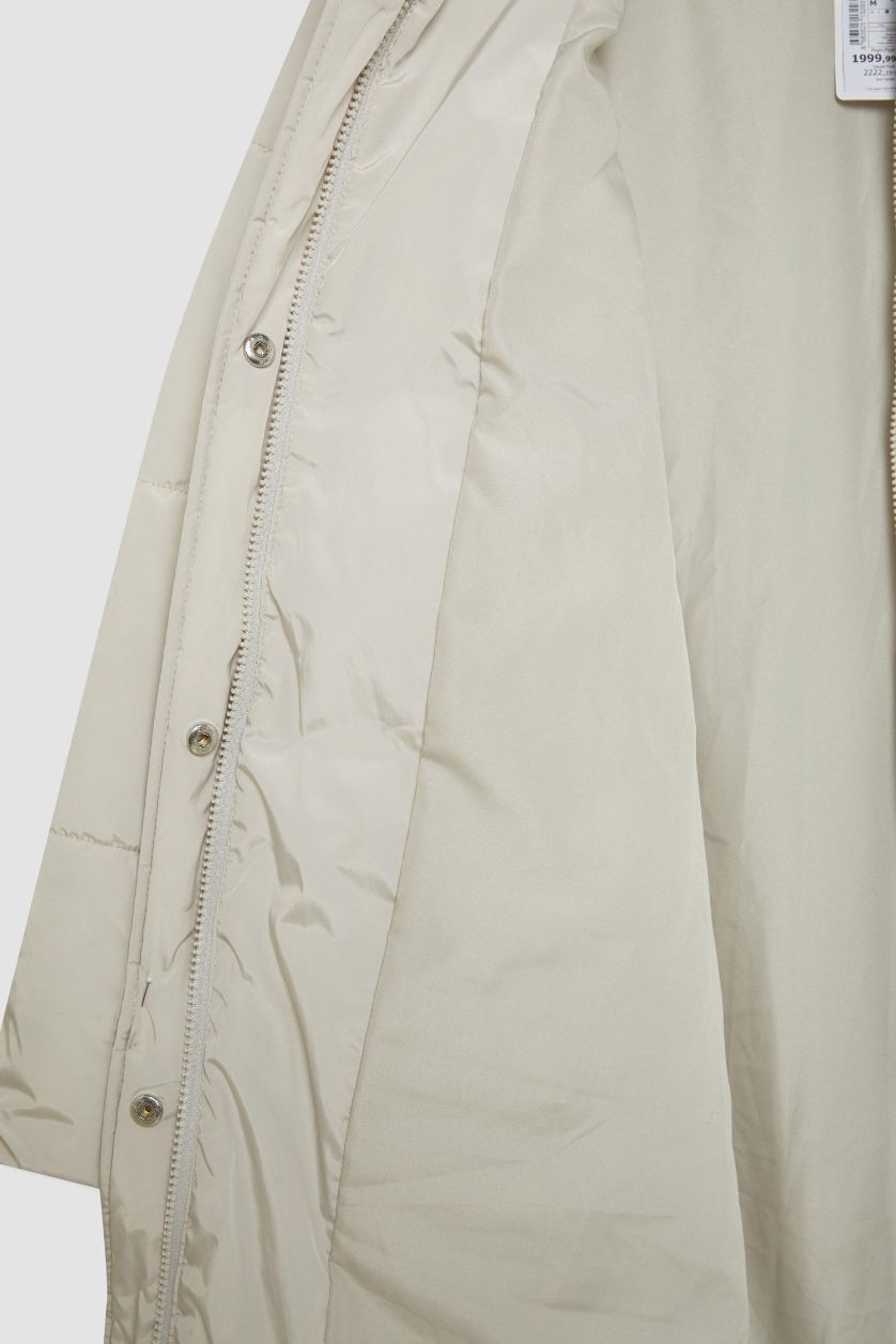 Kadın Ekru Su Geçirmez Uzun Şişme Mont Parka Oversize Geniş Kalıp Kapüşonlu Fermuarlı Cepli