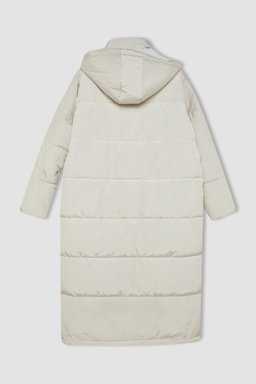 Kadın Ekru Su Geçirmez Uzun Şişme Mont Parka Oversize Geniş Kalıp Kapüşonlu Fermuarlı Cepli