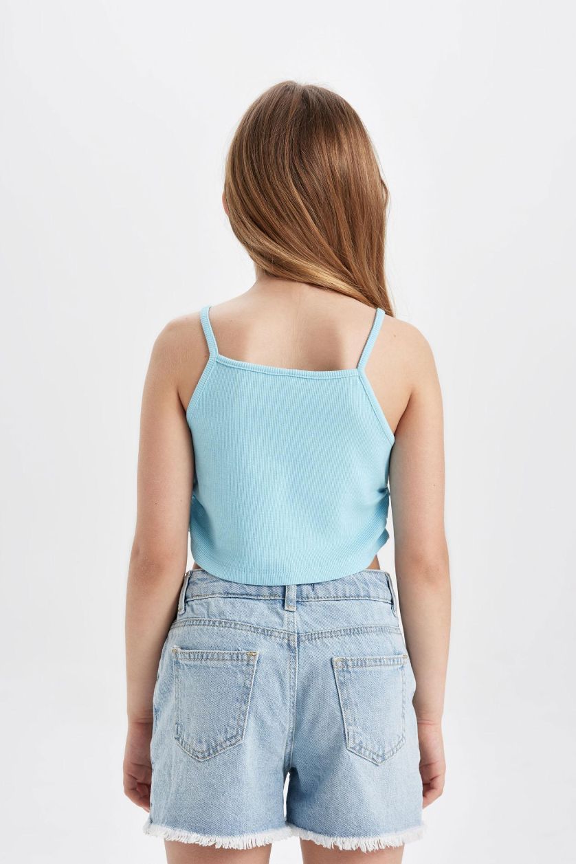 Kız Çocuk - Genç Kız Deniz Mavisi Bisiklet Yaka Basic Düz Atlet Kız Çocuk