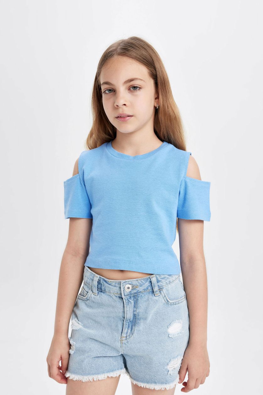 Kız Çocuk - Genç Kız Mavi Slim Fit Dar Kesim Bisiklet Yaka Basic Düz Ribana Kısa Kollu Tişört Kız Çocuk