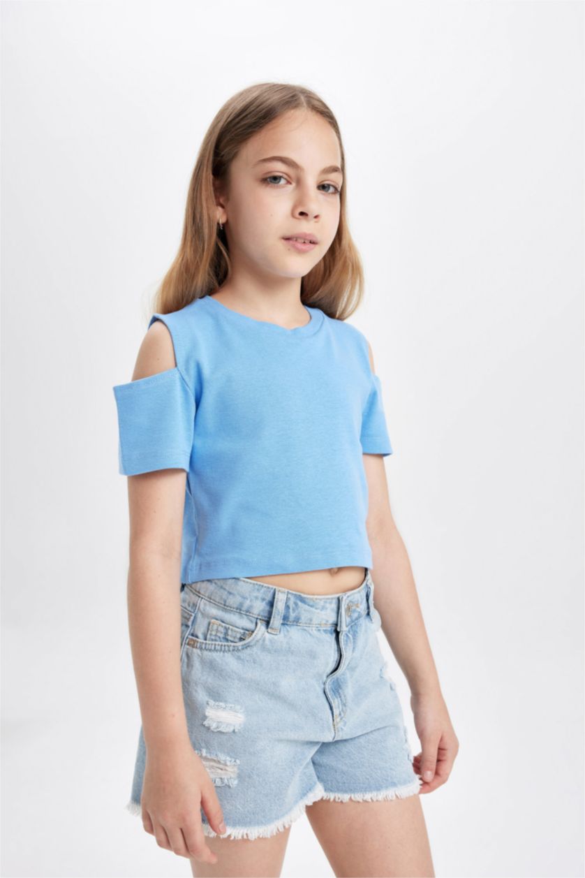 Kız Çocuk - Genç Kız Mavi Slim Fit Dar Kesim Bisiklet Yaka Basic Düz Ribana Kısa Kollu Tişört Kız Çocuk