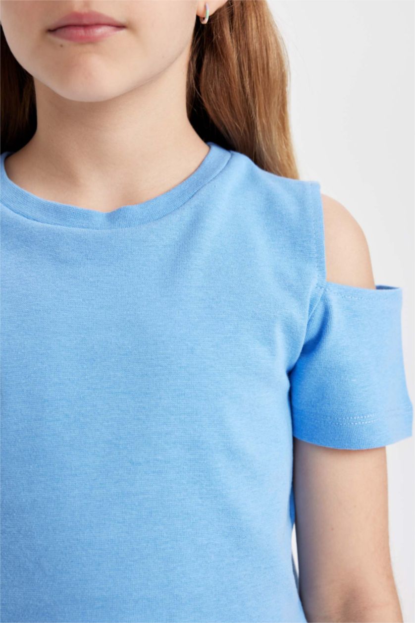 Kız Çocuk - Genç Kız Mavi Slim Fit Dar Kesim Bisiklet Yaka Basic Düz Ribana Kısa Kollu Tişört Kız Çocuk