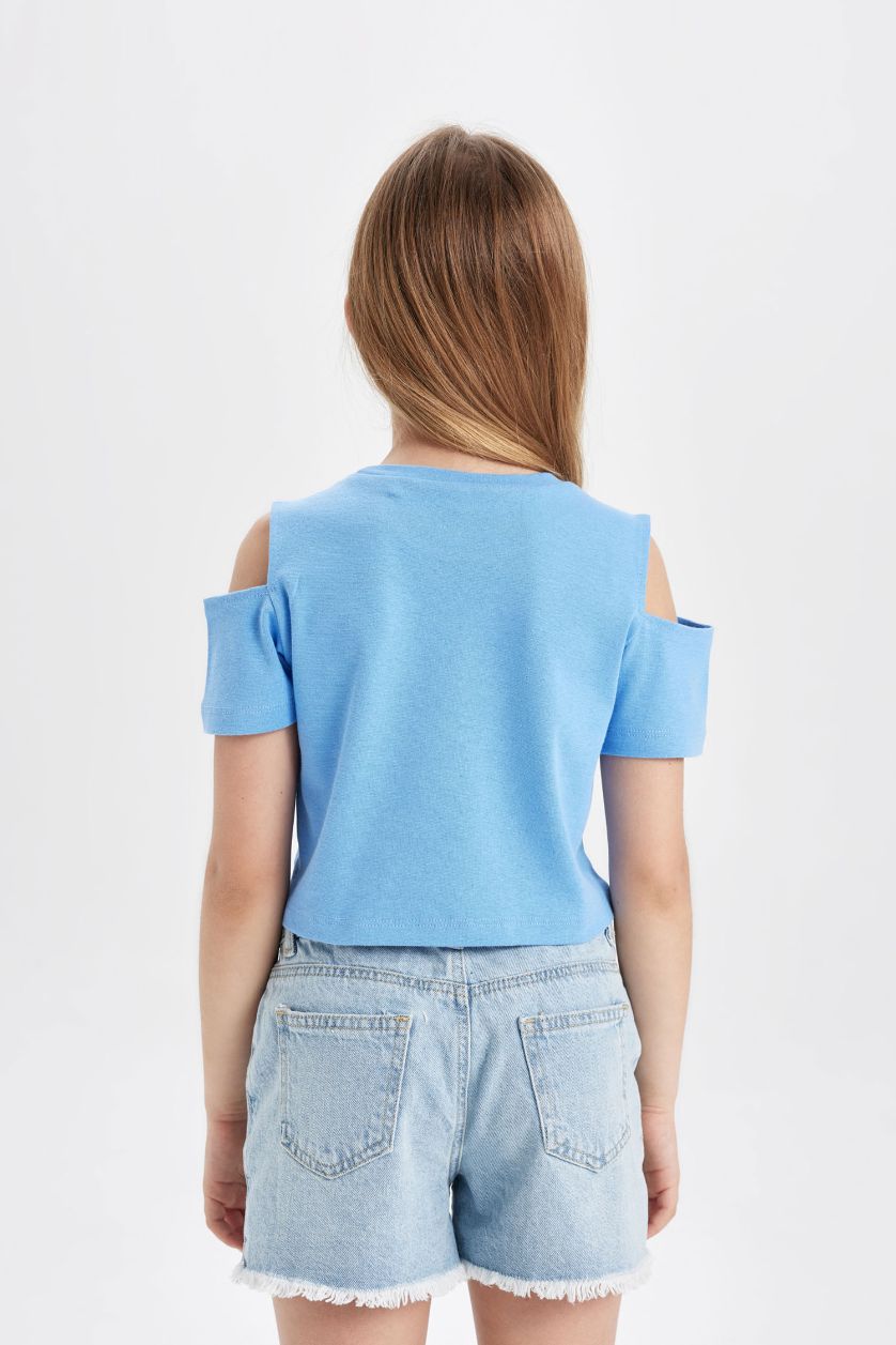 Kız Çocuk - Genç Kız Mavi Slim Fit Dar Kesim Bisiklet Yaka Basic Düz Ribana Kısa Kollu Tişört Kız Çocuk