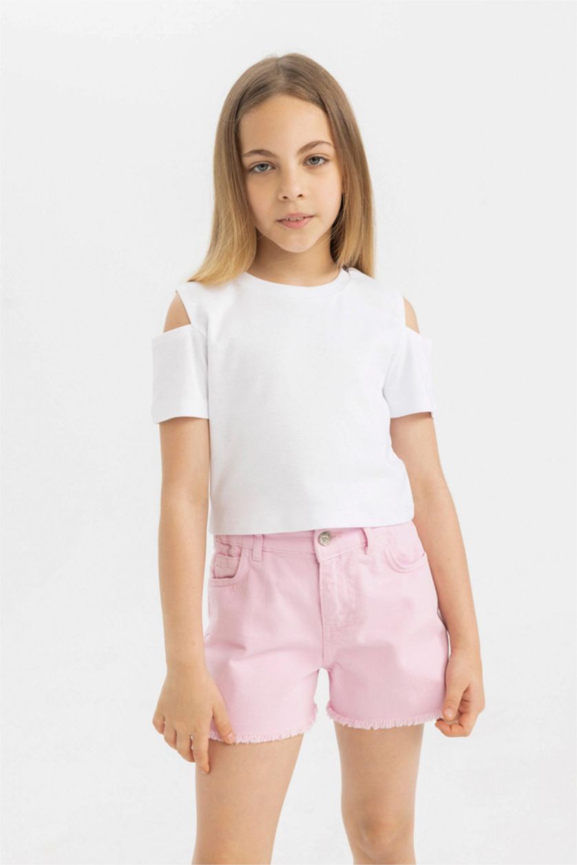 Kız Çocuk - Genç Kız Beyaz Slim Fit Dar Kesim Bisiklet Yaka Basic Düz Ribana Kısa Kollu Tişört Kız Çocuk