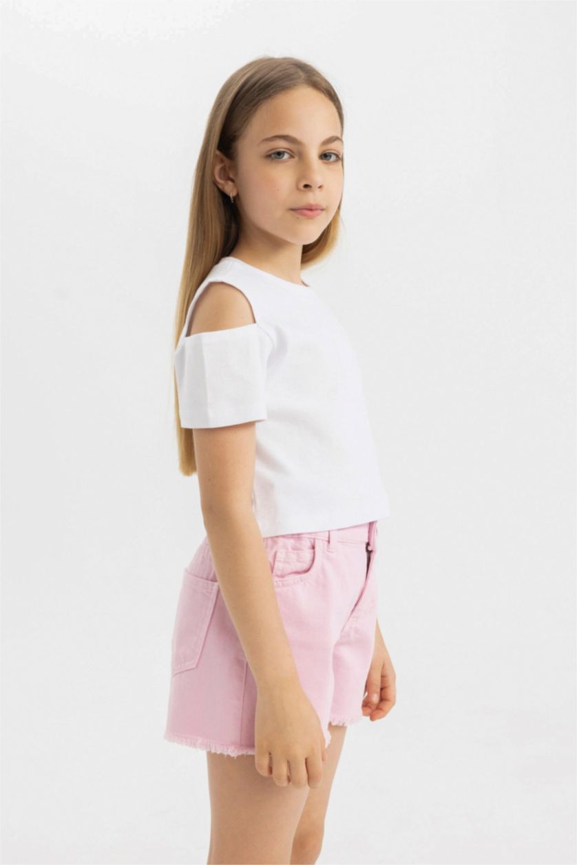 Kız Çocuk - Genç Kız Beyaz Slim Fit Dar Kesim Bisiklet Yaka Basic Düz Ribana Kısa Kollu Tişört Kız Çocuk