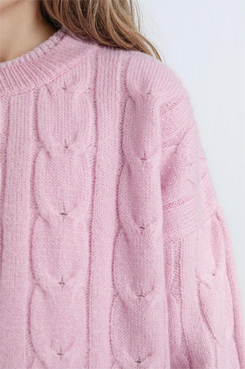 Kız Çocuk - Genç Kız Lila Crop Bisiklet Yaka Saç Örgülü Triko Kazak Kız Çocuk