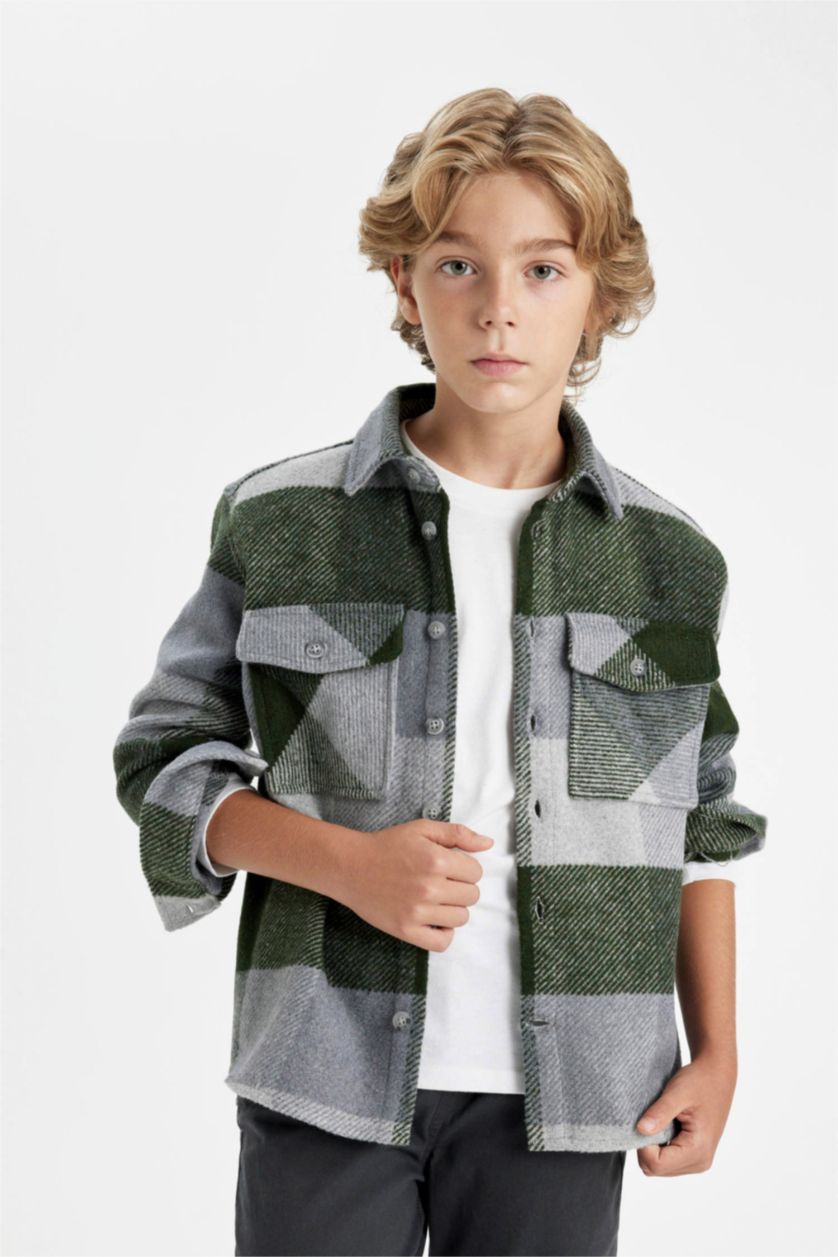 BOYS & TEENS Khaki Boy Oversize Fit Checkered Flannel Long Sleeve Shirt