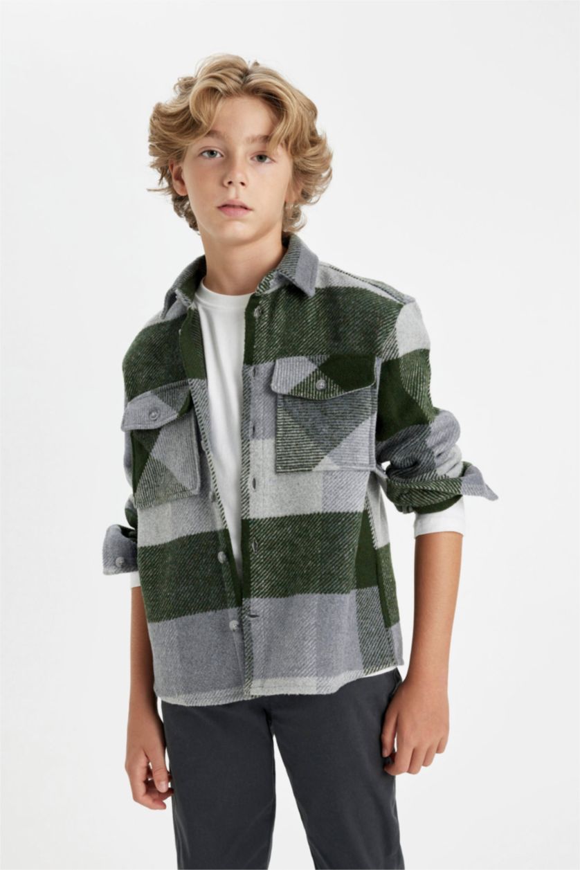 BOYS & TEENS Khaki Boy Oversize Fit Checkered Flannel Long Sleeve Shirt