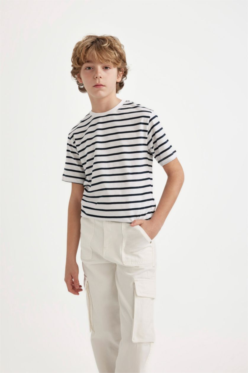 BOYS & TEENS White Boy Crew Neck Striped Short Sleeve T-Shirt