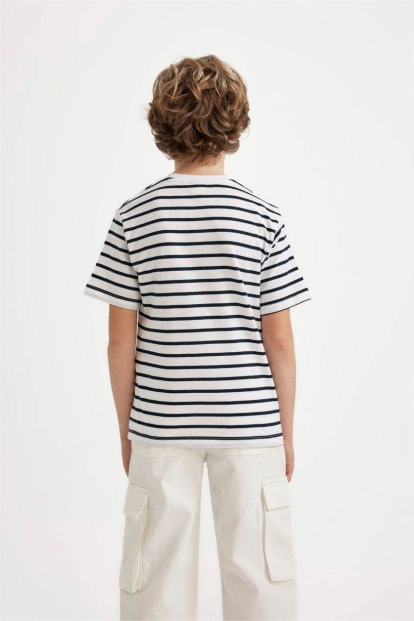 BOYS & TEENS White Boy Crew Neck Striped Short Sleeve T-Shirt