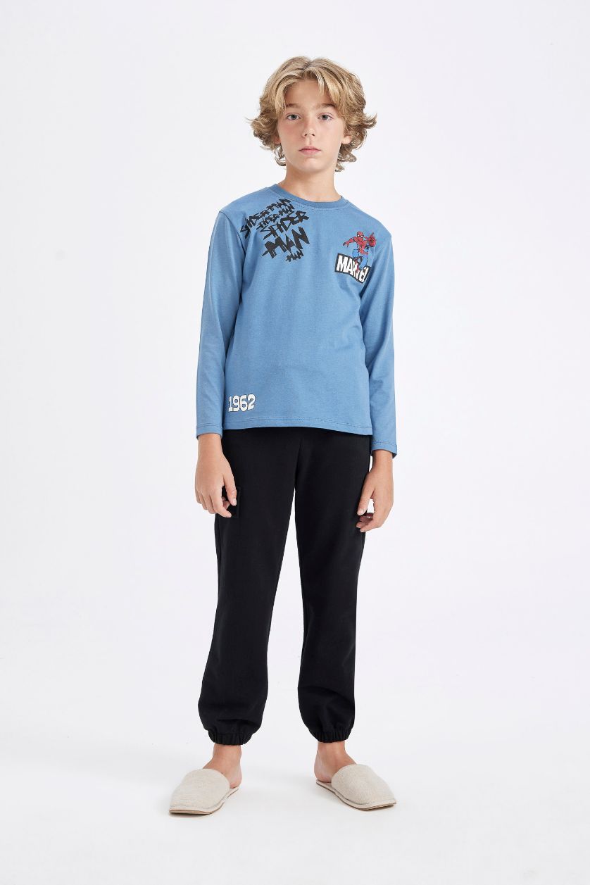 Erkek Çocuk - Genç Erkek Mavi Erkek Çocuk Marvel Comics Bisiklet Yaka Sırt Baskılı Uzun Kollu Tişört