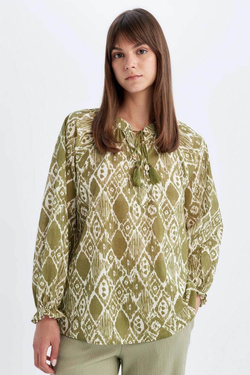 Kadın Mint Relax Fit Desenli Vual Uzun Kollu Tesettür Bluz Tunik