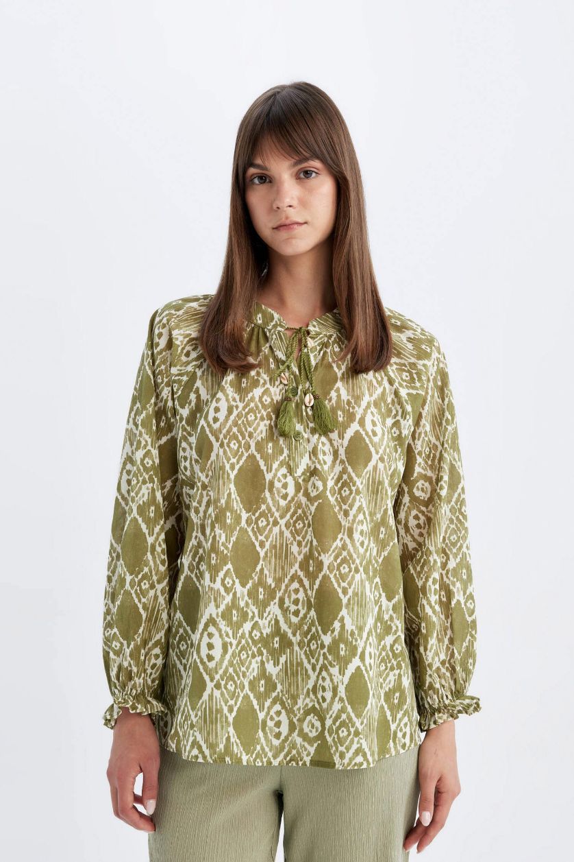 Kadın Mint Relax Fit Desenli Vual Uzun Kollu Tesettür Bluz Tunik