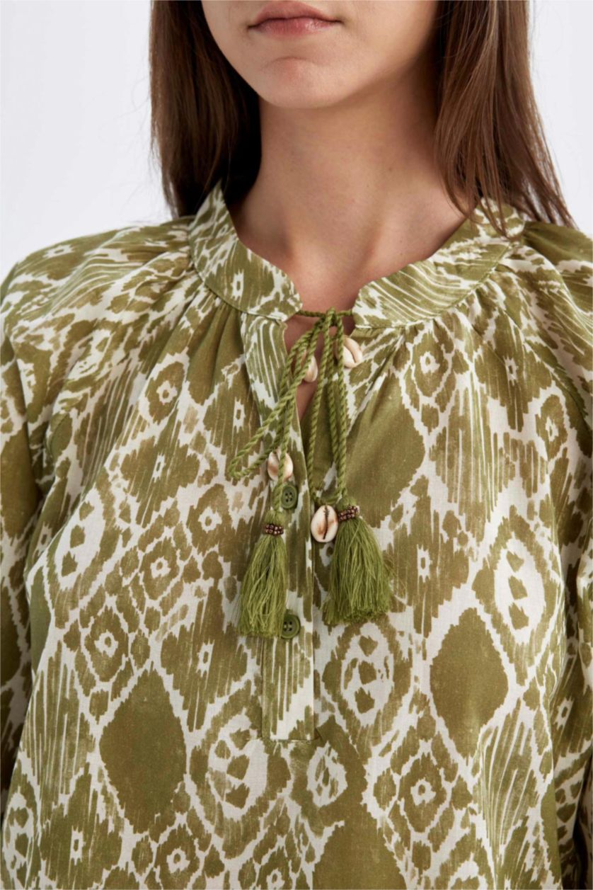 Kadın Mint Relax Fit Desenli Vual Uzun Kollu Tesettür Bluz Tunik