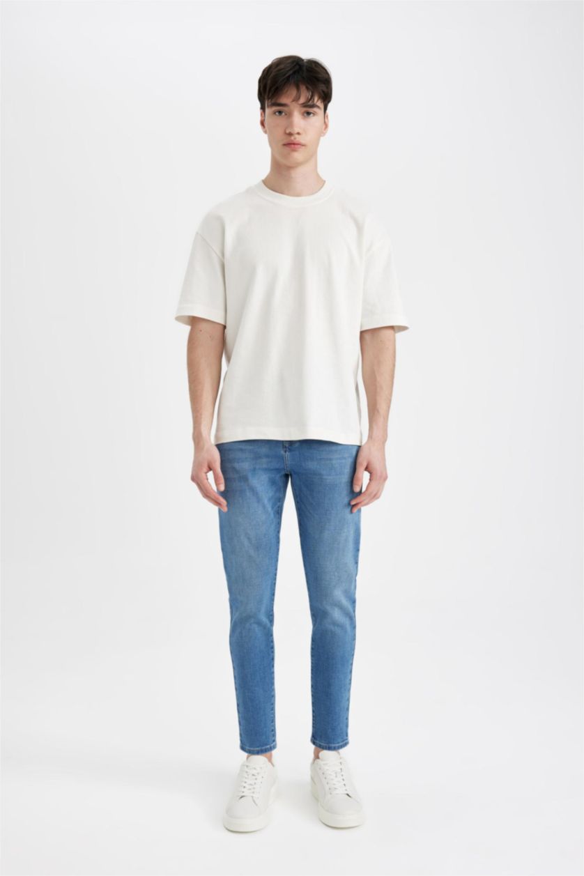 Man Blue Skinny Crop Fit Tight Comfortable Fit Normal Waist Extra Narrow Leg Jeans