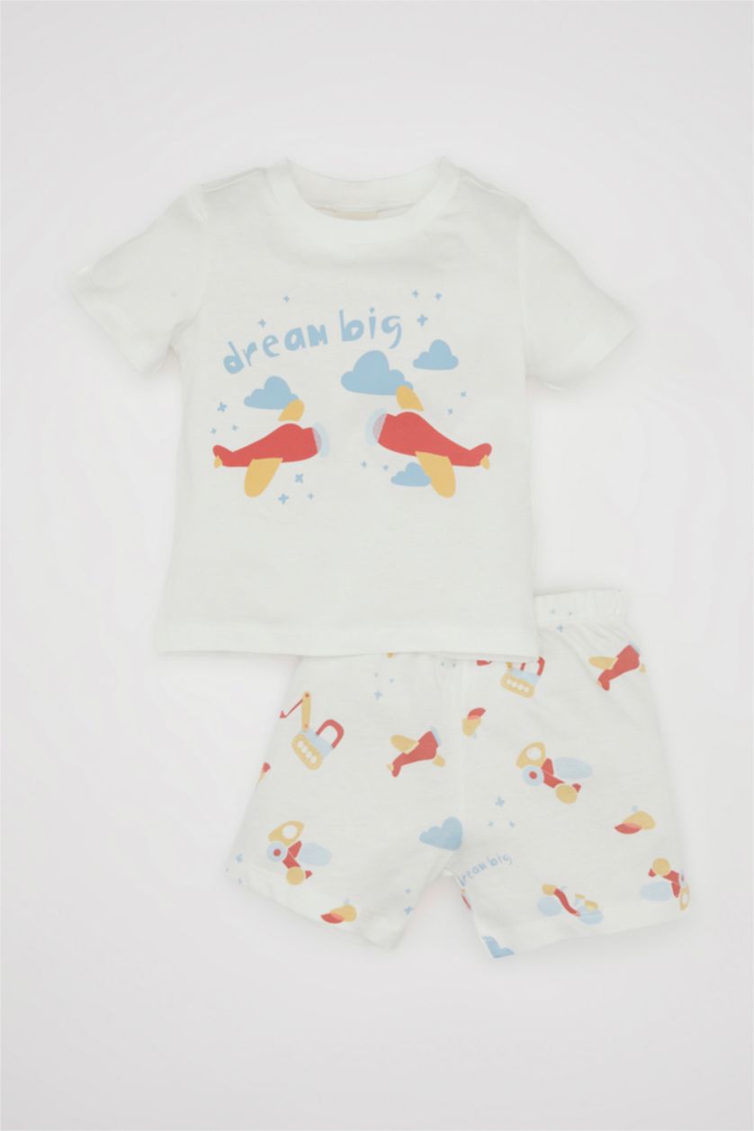 Erkek Bebek Ekru Erkek Bebek Pijama Takım Baskılı Penye Kısa Kollu Üst Beli Lastikli Şort