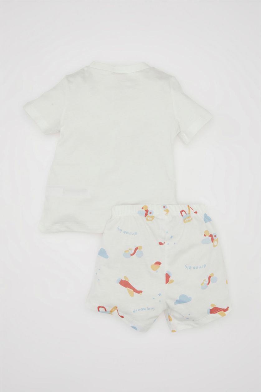 Erkek Bebek Ekru Erkek Bebek Pijama Takım Baskılı Penye Kısa Kollu Üst Beli Lastikli Şort