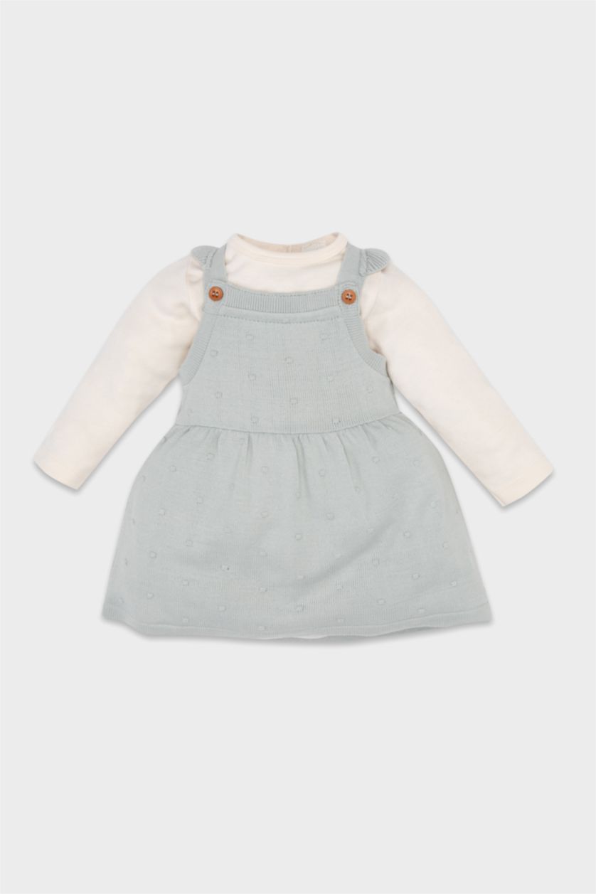 Kız Bebek Açık Mavi 2'li Takım Yarım Balıkçı Yaka Uzun Kollu Tişört Salopet Elbise Kız Bebek