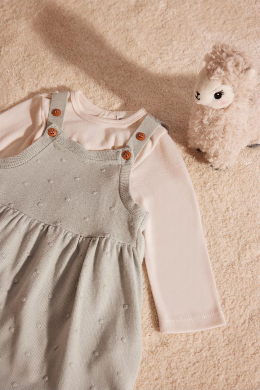 Kız Bebek Açık Mavi 2'li Takım Yarım Balıkçı Yaka Uzun Kollu Tişört Salopet Elbise Kız Bebek