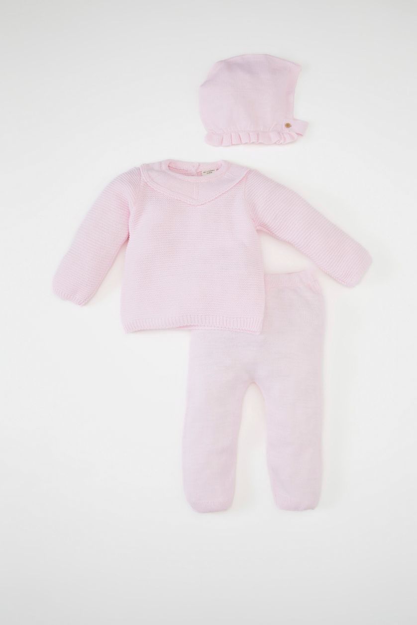 Kız Bebek Açık Pembe 3'lü Takım Basic Düz Triko Kazak Beli Lastikli Alt Bere Kız Bebek