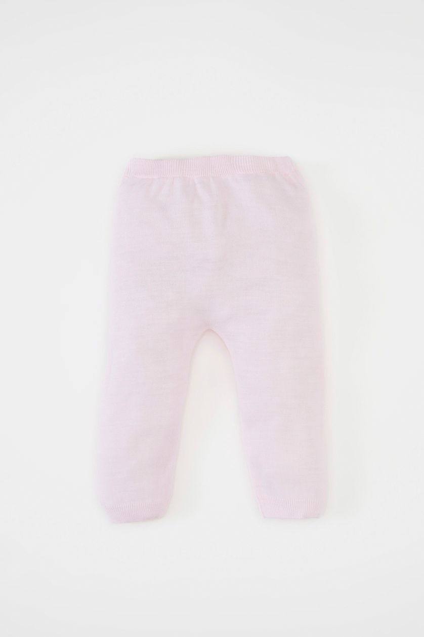 Kız Bebek Açık Pembe 3'lü Takım Basic Düz Triko Kazak Beli Lastikli Alt Bere Kız Bebek