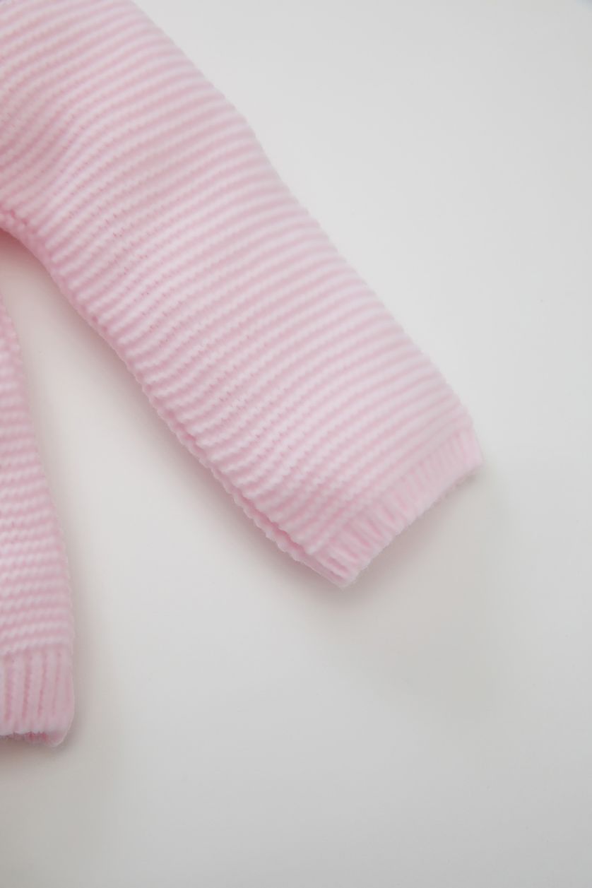 Kız Bebek Açık Pembe 3'lü Takım Basic Düz Triko Kazak Beli Lastikli Alt Bere Kız Bebek