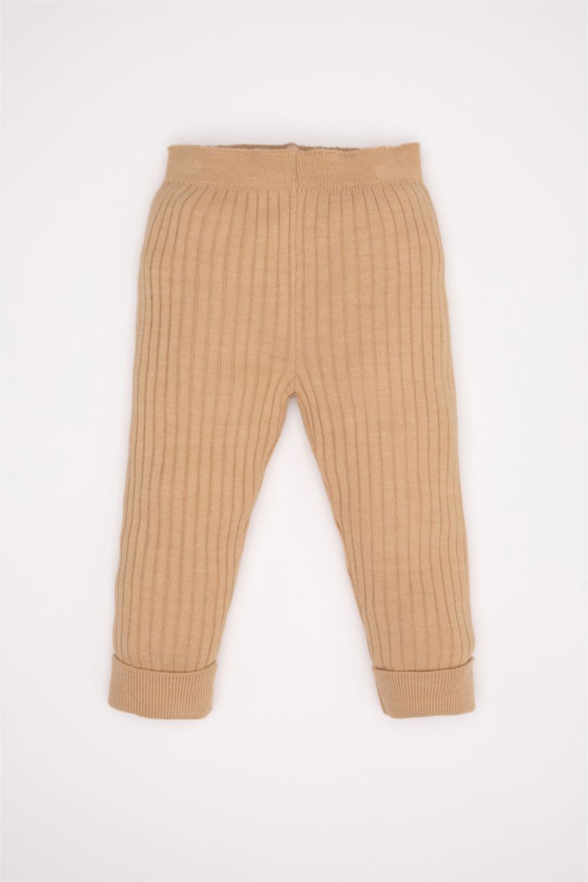 Kız Bebek Bej Kız Bebek 2'li Takım Leopar Desenli Triko Kazak Beli Lastikli Triko Alt