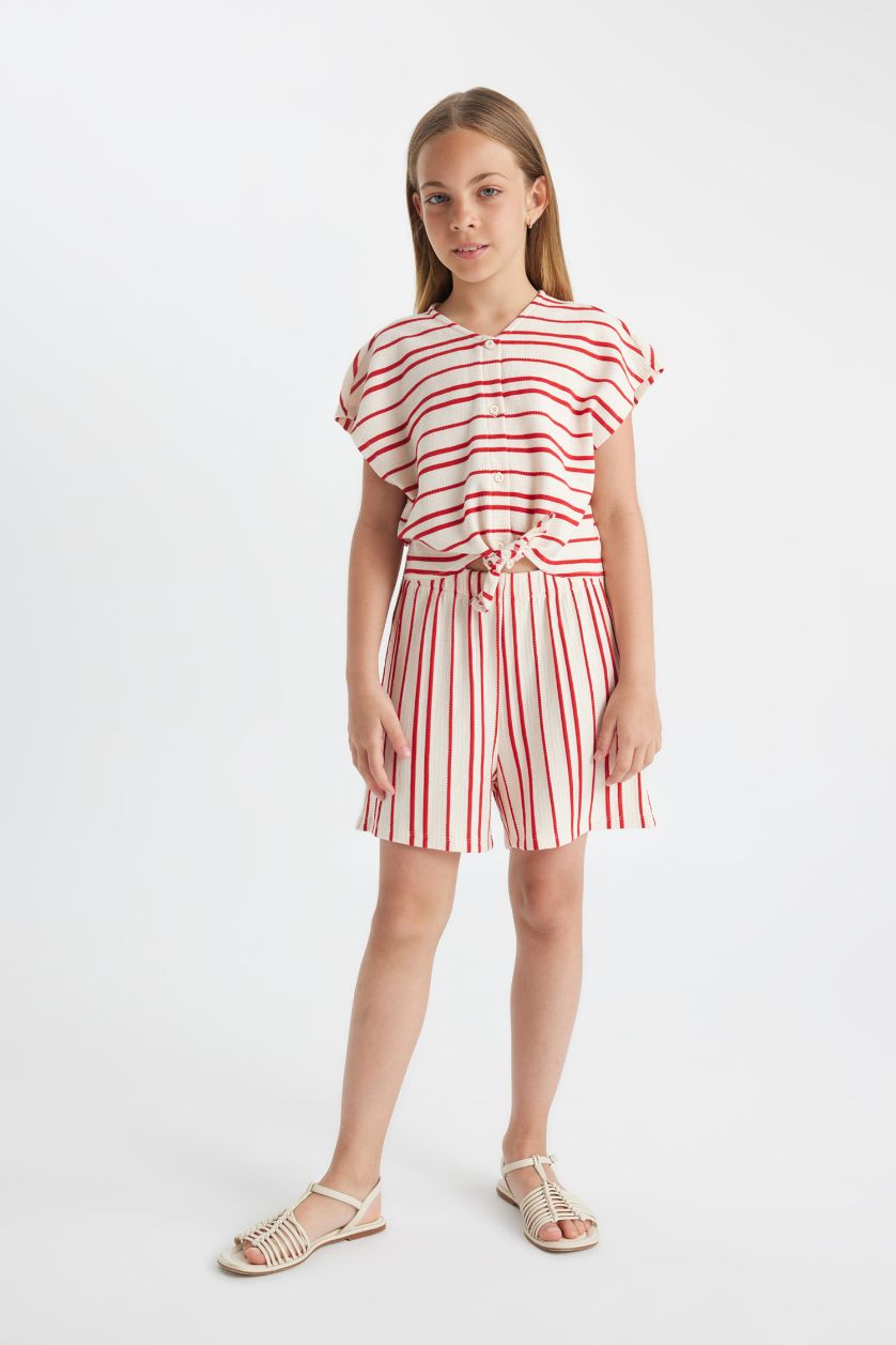 GIRLS & TEENS Red Girl Striped Short Sleeve Jumpsuit