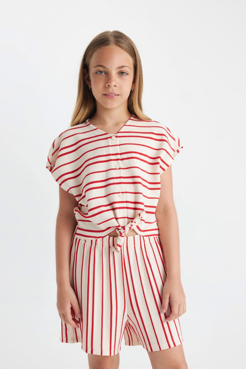 GIRLS & TEENS Red Girl Striped Short Sleeve Jumpsuit