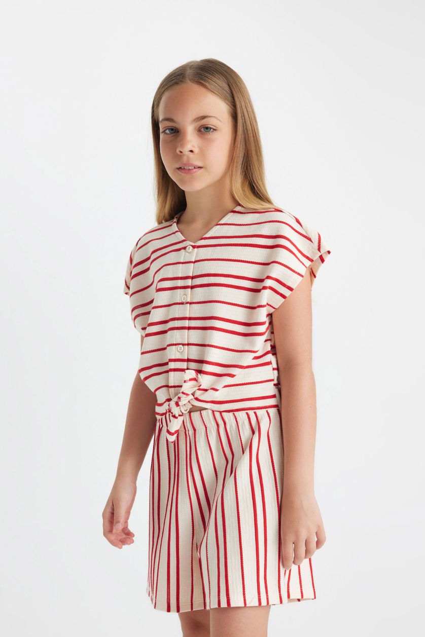 GIRLS & TEENS Red Girl Striped Short Sleeve Jumpsuit
