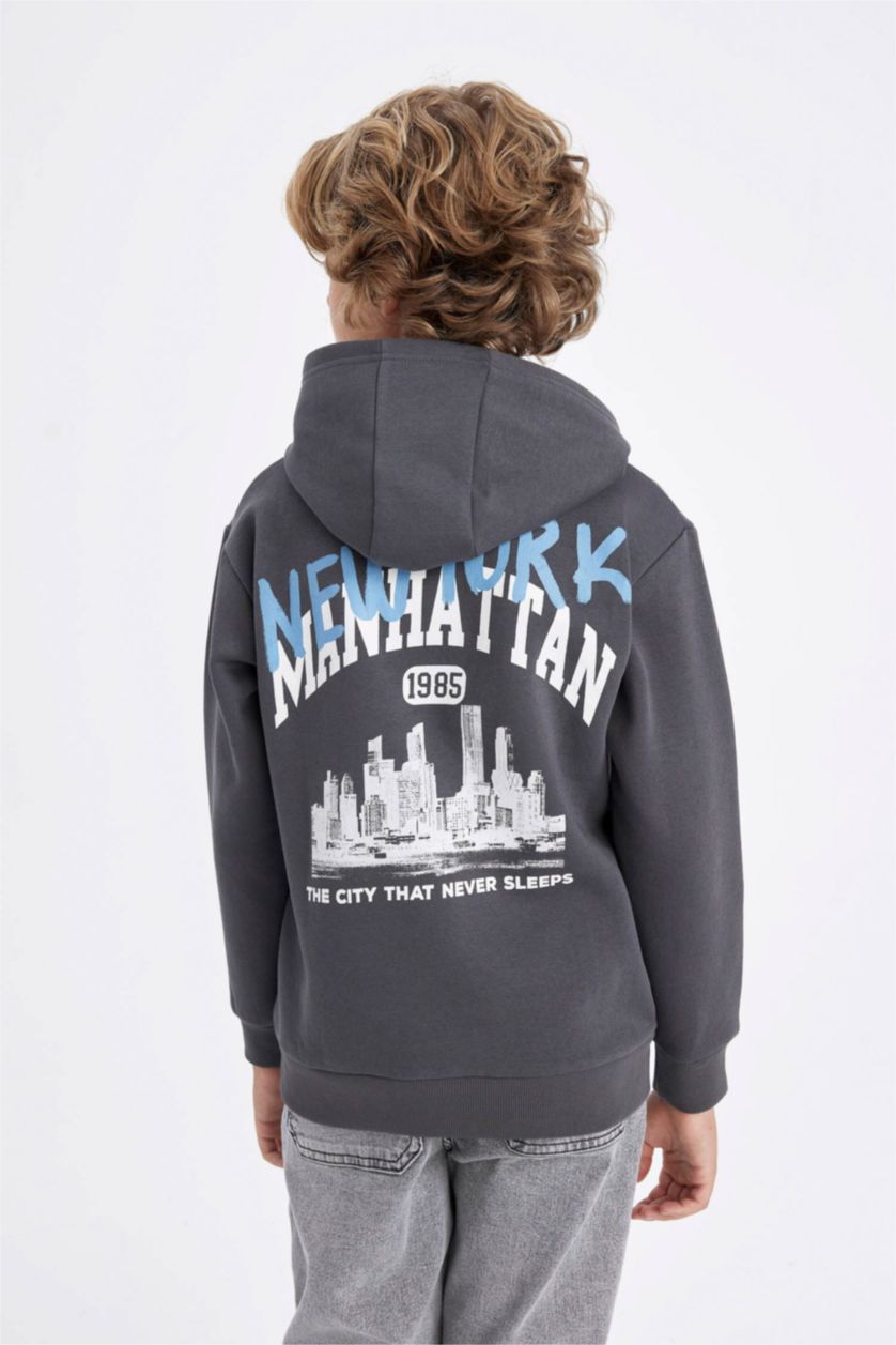 Erkek Çocuk - Genç Erkek Antrasit Erkek Çocuk Gri Kapüşonlu Cepli Sırt Baskılı Sweatshirt