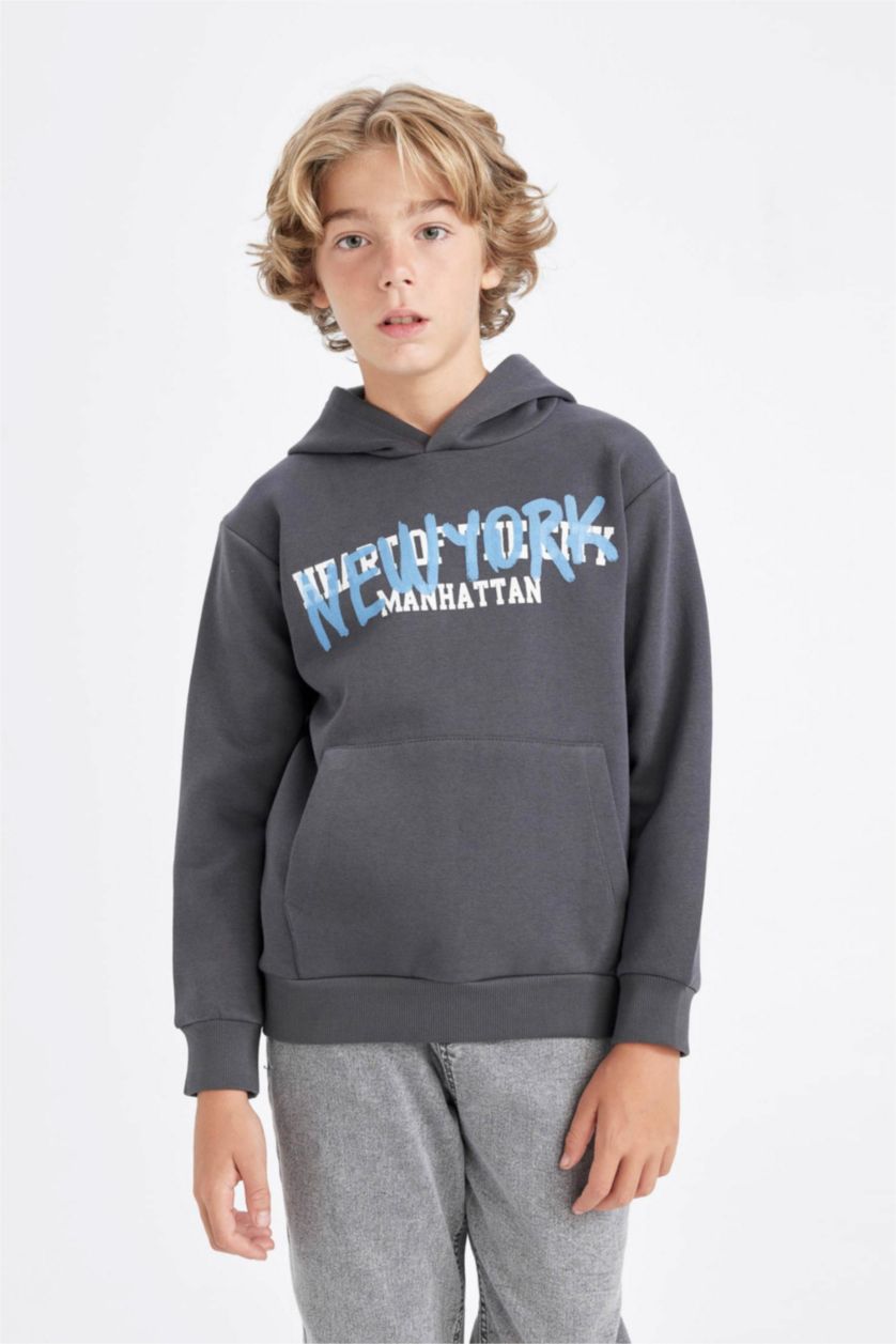 Erkek Çocuk - Genç Erkek Antrasit Erkek Çocuk Gri Kapüşonlu Cepli Sırt Baskılı Sweatshirt