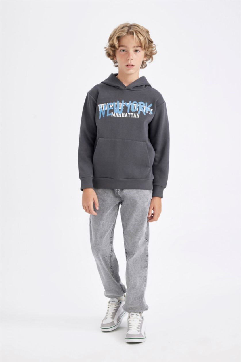 Erkek Çocuk - Genç Erkek Antrasit Erkek Çocuk Gri Kapüşonlu Cepli Sırt Baskılı Sweatshirt