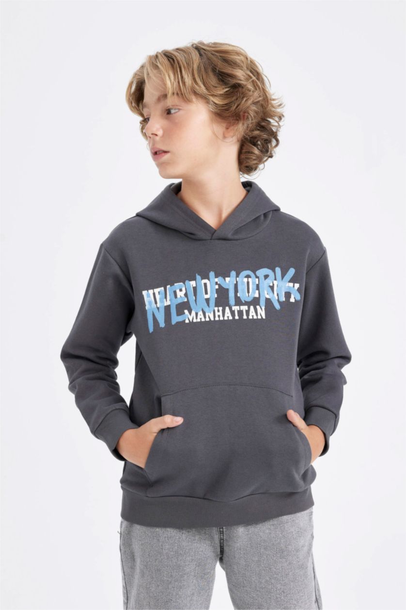 Erkek Çocuk - Genç Erkek Antrasit Erkek Çocuk Gri Kapüşonlu Cepli Sırt Baskılı Sweatshirt