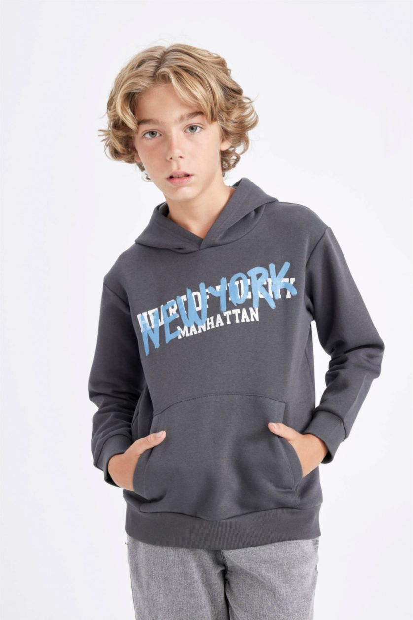 Erkek Çocuk - Genç Erkek Antrasit Erkek Çocuk Gri Kapüşonlu Cepli Sırt Baskılı Sweatshirt