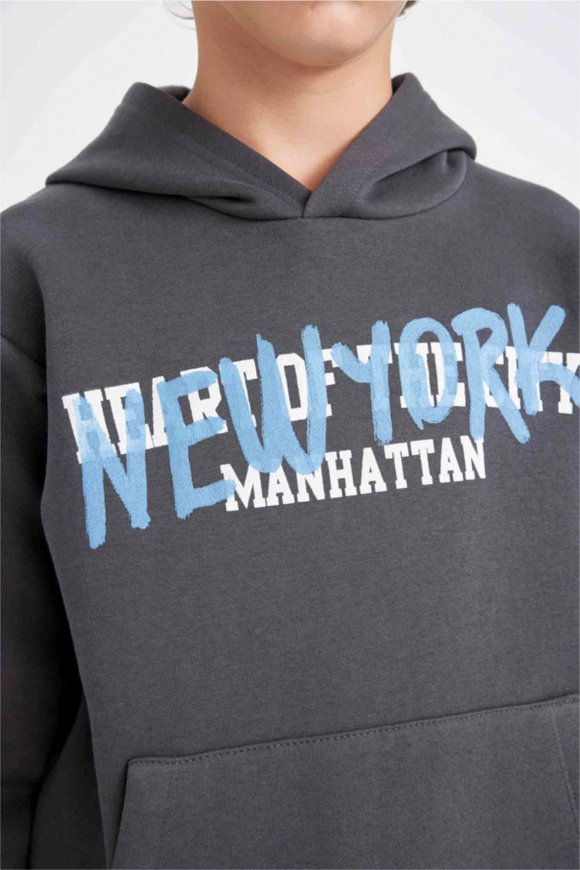 Erkek Çocuk - Genç Erkek Antrasit Erkek Çocuk Gri Kapüşonlu Cepli Sırt Baskılı Sweatshirt