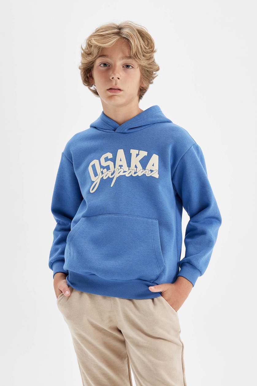 Erkek Çocuk - Genç Erkek Mavi Baskılı Kapüşonlu Sweatshirt Erkek Çocuk