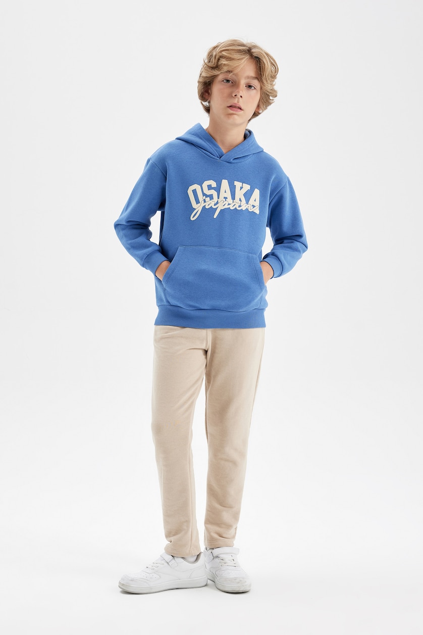 Erkek Çocuk - Genç Erkek Mavi Baskılı Kapüşonlu Sweatshirt Erkek Çocuk