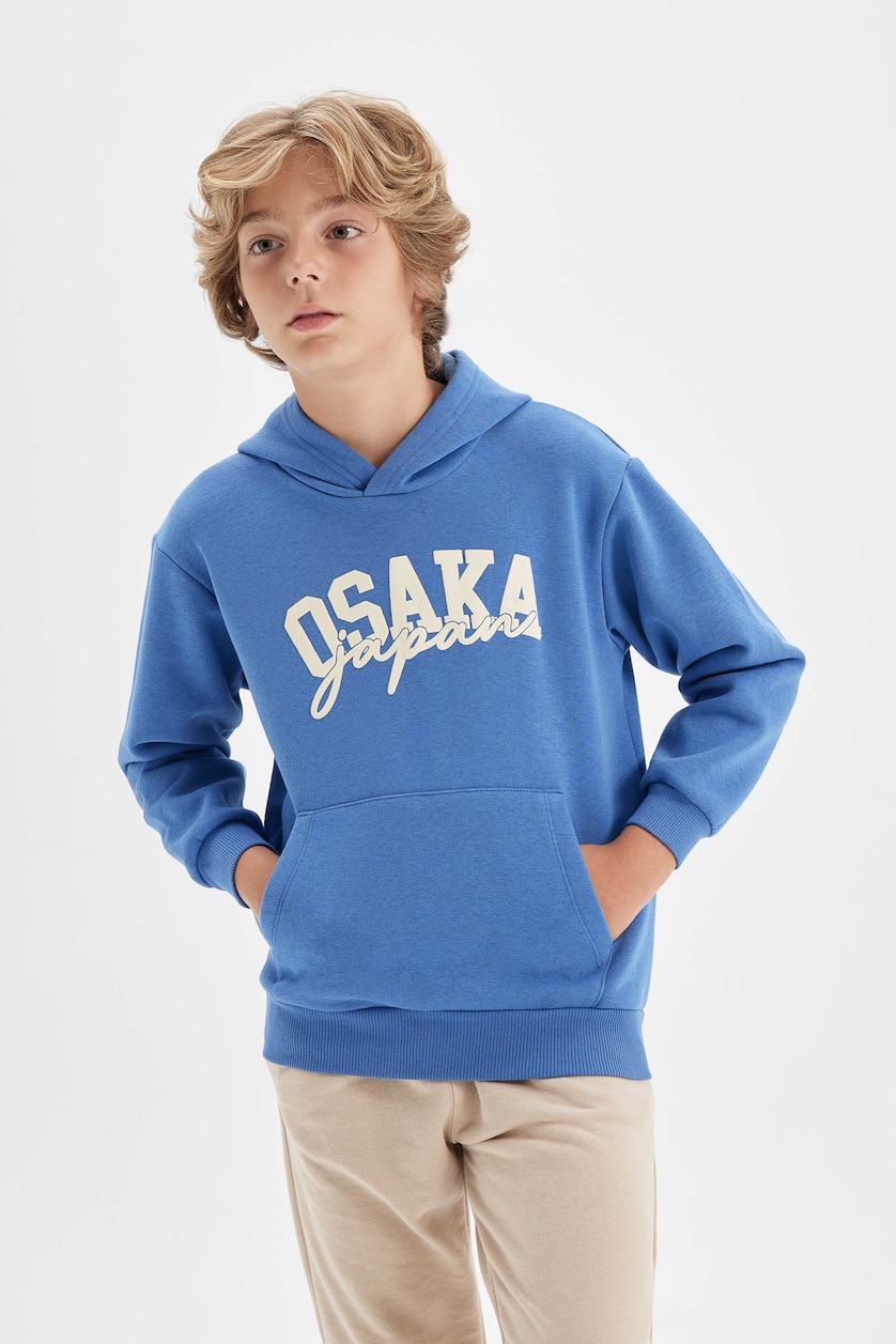 Erkek Çocuk - Genç Erkek Mavi Baskılı Kapüşonlu Sweatshirt Erkek Çocuk