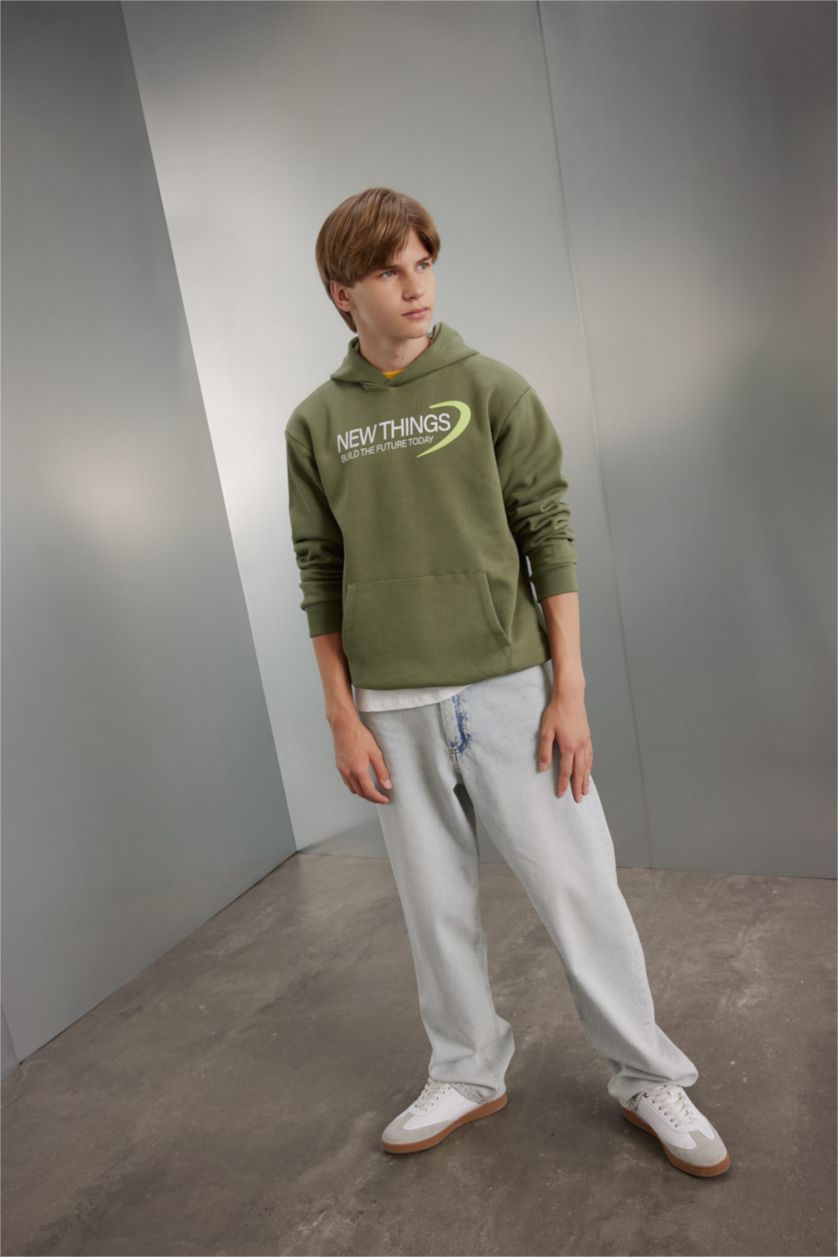 أولادي كاكي سويت شيرت اولادي قصة عادية بكابيشون وطبعة من الخلف