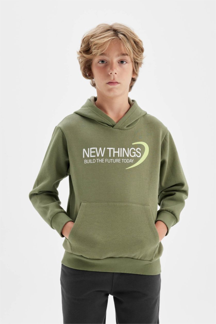 أولادي كاكي سويت شيرت اولادي قصة عادية بكابيشون وطبعة من الخلف