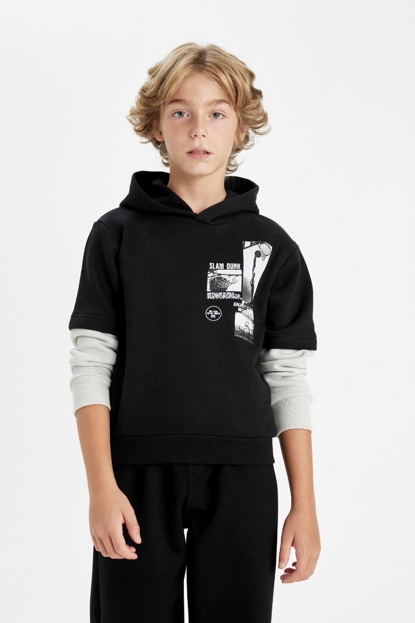 Erkek Çocuk - Genç Erkek Siyah Kapüşonlu Baskılı Sweatshirt Erkek Çocuk