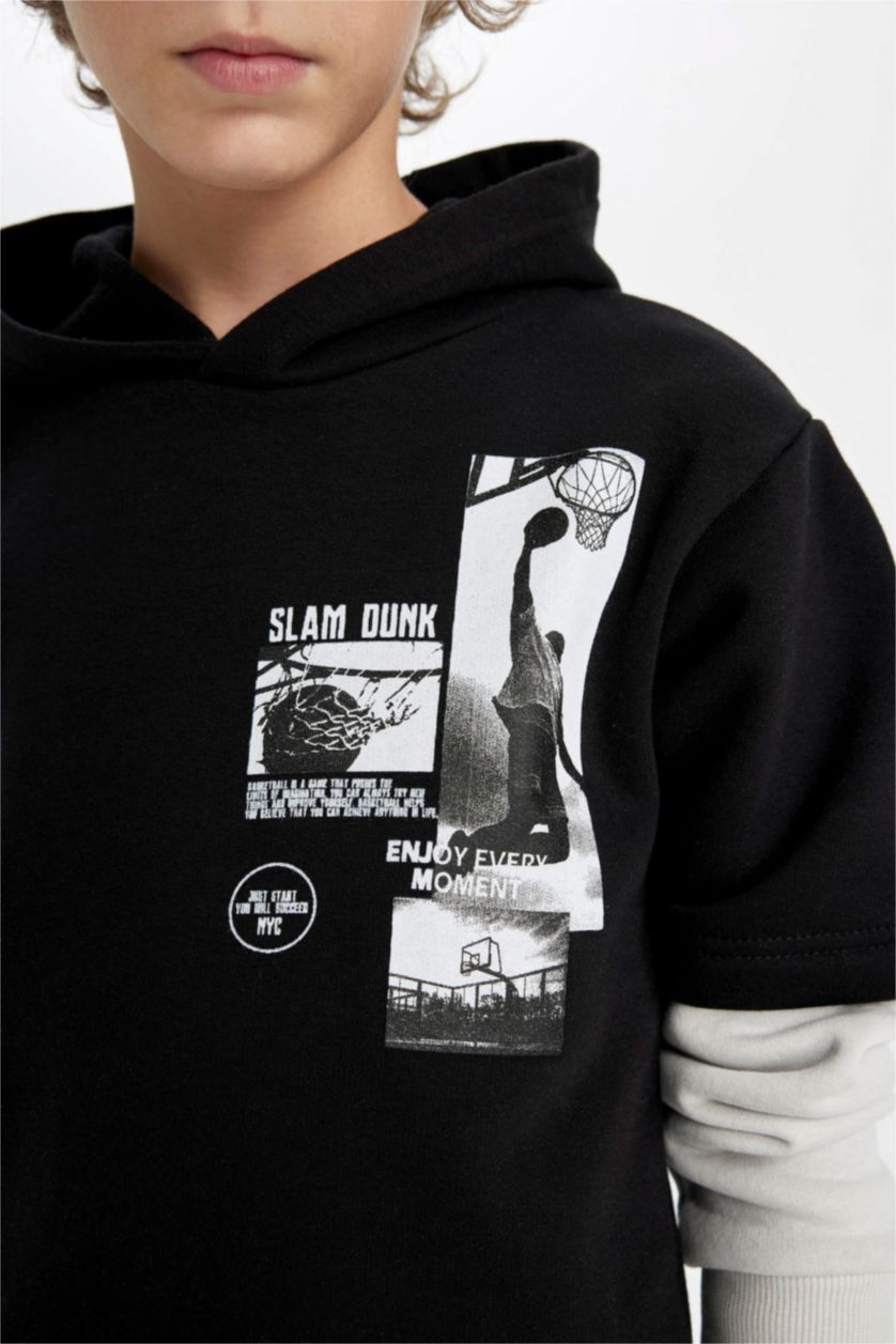 Erkek Çocuk - Genç Erkek Siyah Kapüşonlu Baskılı Sweatshirt Erkek Çocuk