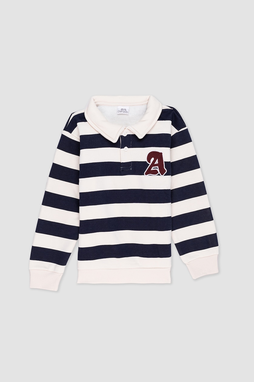 Erkek Çocuk - Genç Erkek Ekru Erkek Çocuk Polo Yaka Çizgili Nakışlı Sweatshirt