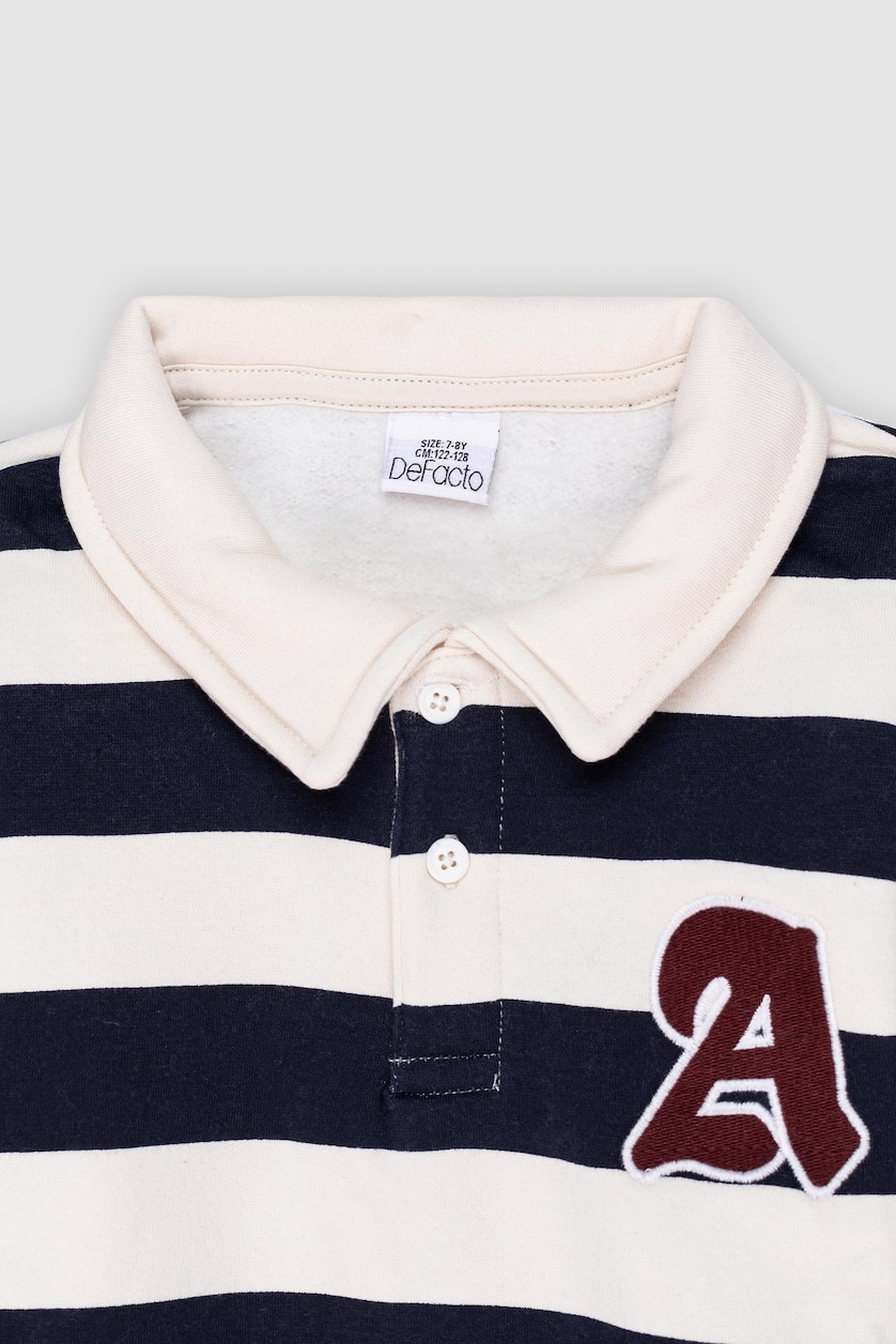 Erkek Çocuk - Genç Erkek Ekru Erkek Çocuk Polo Yaka Çizgili Nakışlı Sweatshirt