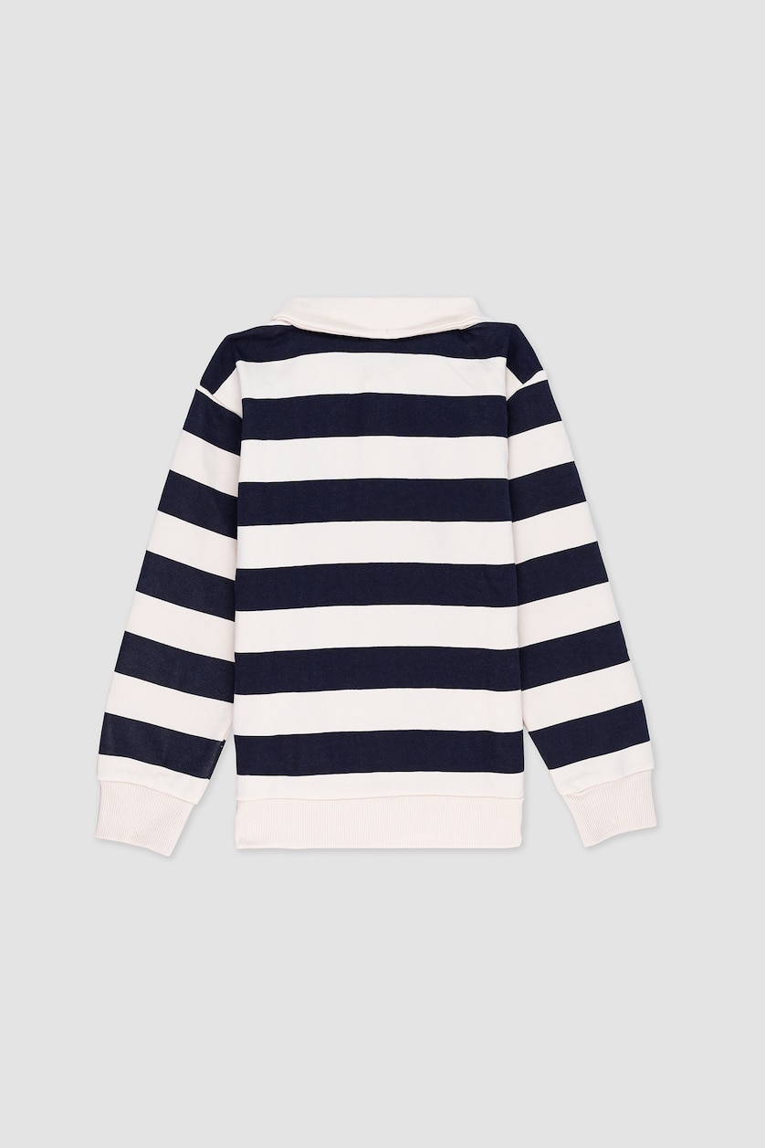 Erkek Çocuk - Genç Erkek Ekru Erkek Çocuk Polo Yaka Çizgili Nakışlı Sweatshirt