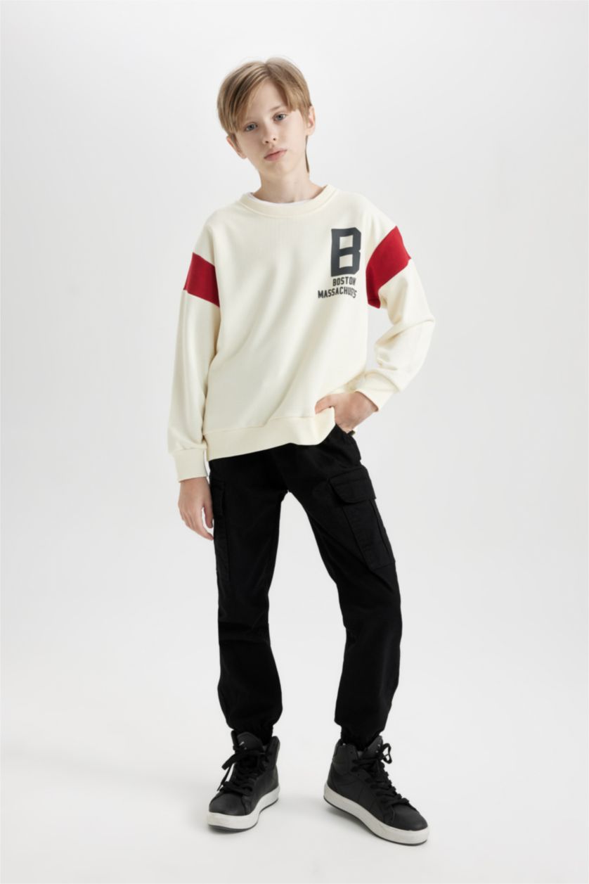 BOYS & TEENS Ecru Boy Crew Neck Printed Thick Sweatshirt