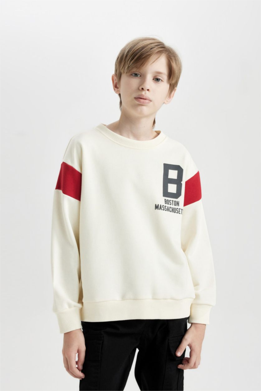 BOYS & TEENS Ecru Boy Crew Neck Printed Thick Sweatshirt