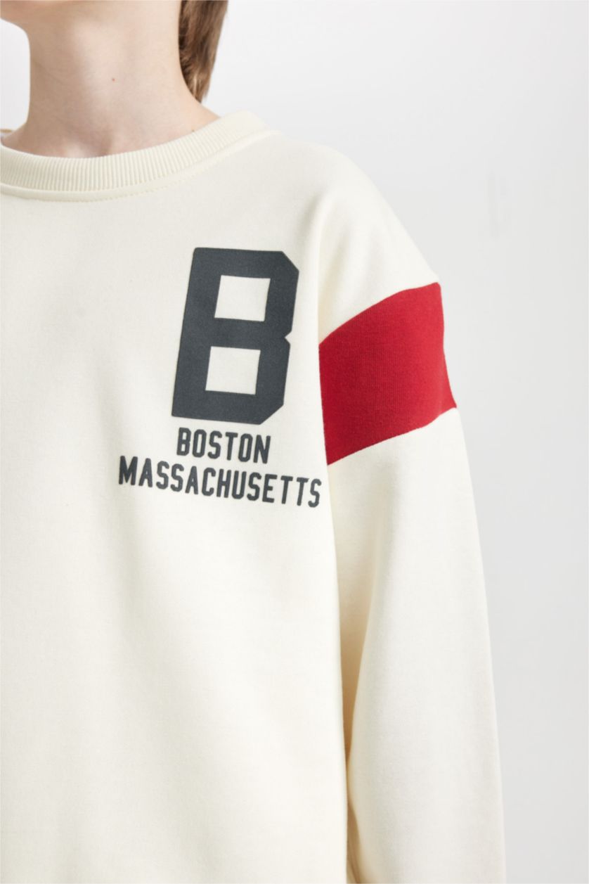 BOYS & TEENS Ecru Boy Crew Neck Printed Thick Sweatshirt